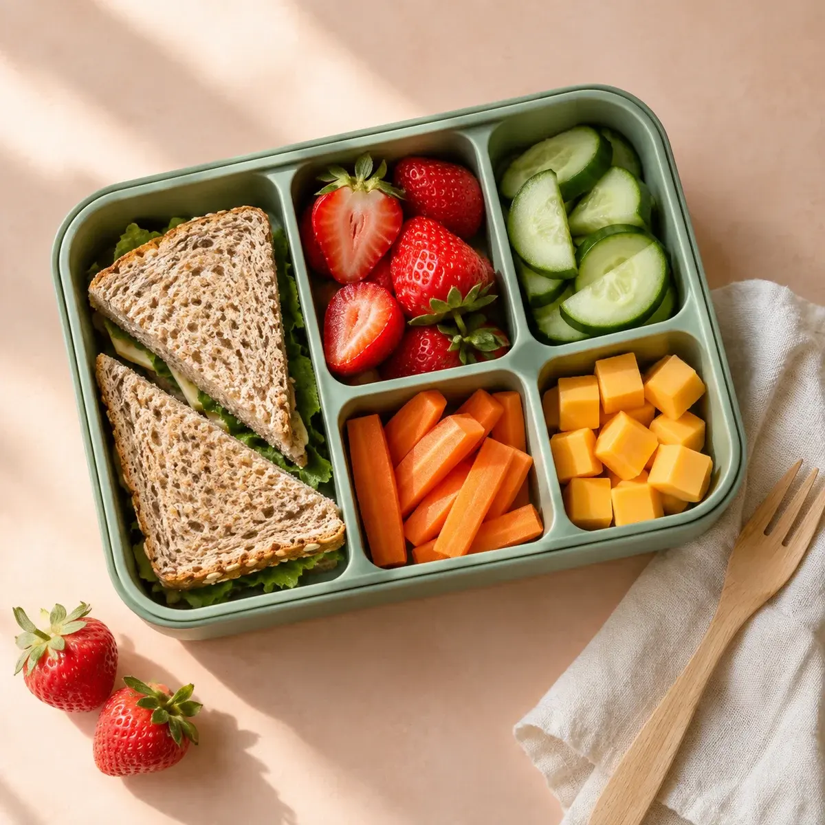 A sage-green lunchbox with whole-grain sandwiches, strawberries, cucumber, carrots and cheese
